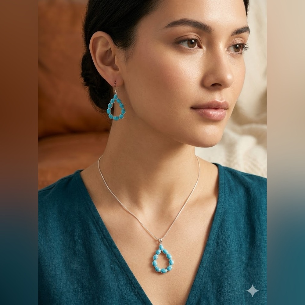 New Sterling Silver Genuine Turquoise Teardrop Necklace and Earrings Set